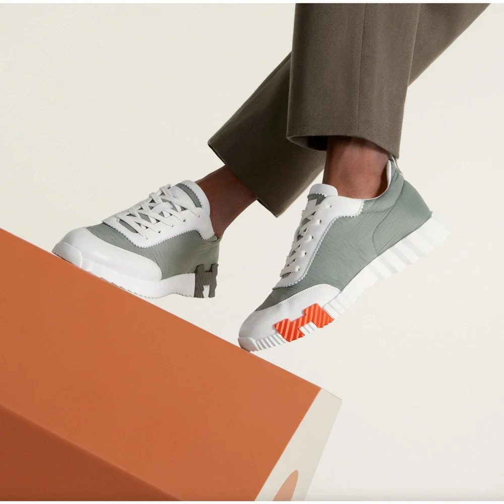 Hermes Mens Bouncing Sneaker Etoupe Blanc White Grey H Logo Lace Up Flat 44 11 - Picture 5 of 16
